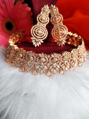 N0434_Gorgeous designer american diamond embellished necklace with a touch of pink stone work.