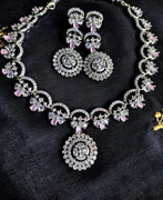 N0438_Gorgeous dazzling American Diamond stones embellished necklace set with delicate stone work studded with a touch of pink stones.