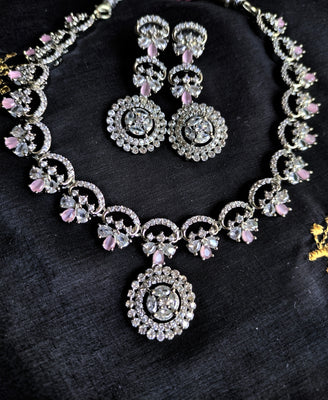 N0438_Gorgeous dazzling American Diamond stones embellished necklace set with delicate stone work studded with a touch of pink stones.