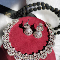 N0439_Elegant American Diamond stones embellished necklace set with delicate stone work studded with a touch of pink stones.