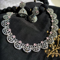 N0439_Elegant American Diamond stones embellished necklace set with delicate stone work studded with a touch of pink stones.