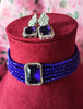 N0283_Royal blue crystal choker necklace set studded with dazzling American diamond stones.