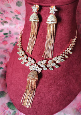 N0455_Designer American Diamond necklace set with delicate stone work of leafy designs with a touch of tassels.