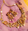 N0466_Gorgeous flower design gold plated American Diamond stones embellished Choker necklace set with delicate stone work with a touch of pink ruby stones with pearl drops.