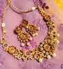 N0466_Gorgeous flower design gold plated American Diamond stones embellished Choker necklace set with delicate stone work with a touch of pink ruby stones with pearl drops.