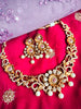 N0466_Gorgeous flower design gold plated American Diamond stones embellished Choker necklace set with delicate stone work with a touch of pink ruby stones with pearl drops.