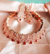 N0432_Classic designer american diamond embellished necklace with a touch of red stone work.