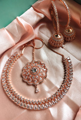 N0424_1_Gorgeous  designer rose gold american diamond embellished necklace set with a touch of  white stones.
