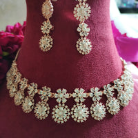 N0494_Elegant flower design rose gold american diamond studded choker necklace set with delicate stone work.