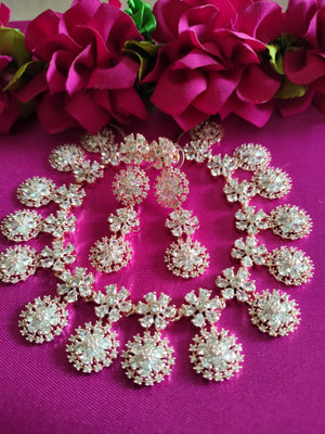 N0494_Elegant flower design rose gold american diamond studded choker necklace set with delicate stone work.