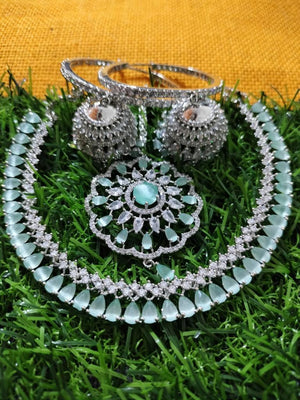 N0509_Elegant designer necklace embellished with american diamond stones with a touch of sea green colour delicate stone work.