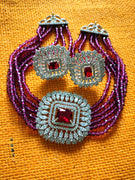 N0509_Classic designer magenta crystal Grand square pendant choker necklace set studded  with  American diamond stones.