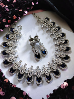 N0513_Gorgeous designer necklace embellished with american diamond stones with a touch of delicate blue stone  work.