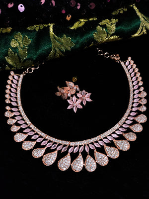 N0480_Gorgeous  designer rose gold american diamond embellished necklace set with a touch of pink stones.