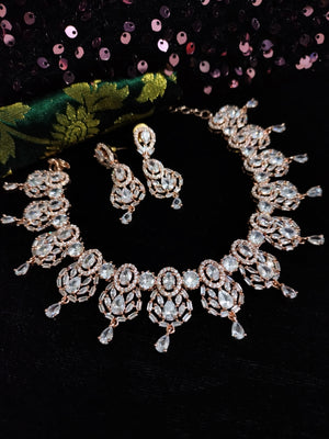 N0492_Elegant designer rose gold american diamond studded choker necklace set with delicate stone work.