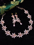 N0488_Lovely flower design american diamond studded choker necklace set with a touch of pink stones.