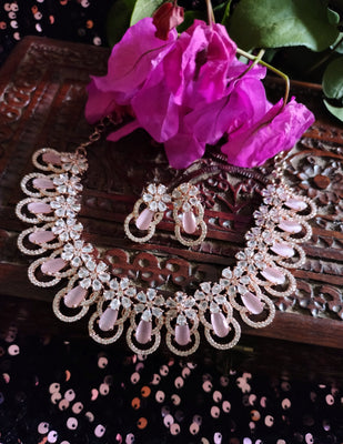 N05356_Lovely floral design necklace embellished with american diamond stones with a touch of pink  stones.