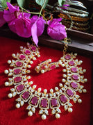 N0517_Lovely traditional style American Diamond necklace set with delicate stone work  with a touch of  red ruby stones along with pearl drops.