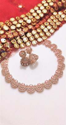 N0418_Elegant circular pendant design american diamond embellished necklace with a touch of pink stones.