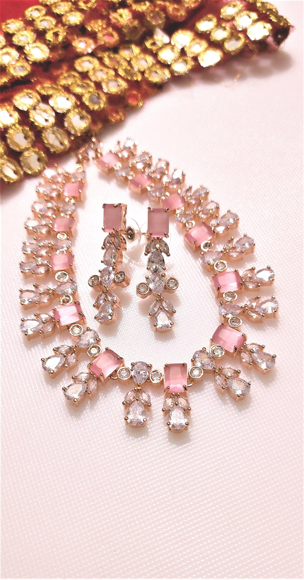 N0540_Elegant square design choker necklace embellished with american diamond stones with a touch of pink stones.