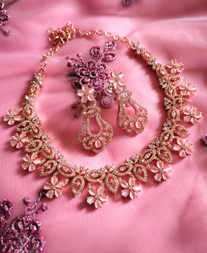 N0541_Elegant flower design choker necklace embellished with american diamond stones with a touch of pink stones.