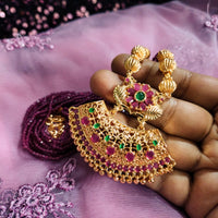 N022_Elegant Micro Gold plated Necklace studded with precious pink & green ruby stones & Magenta colored crystals