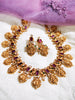 N0555_Traditional temple jewelry style Lakshmi design gold plated necklace set embellished with ruby stones .