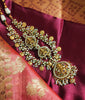 N0552_Grand designer lakshmi design gold plated necklace set embellished with ruby stones with a touch of bead drops.