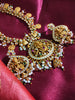 N0552_Grand designer lakshmi design gold plated necklace set embellished with ruby stones with a touch of bead drops.