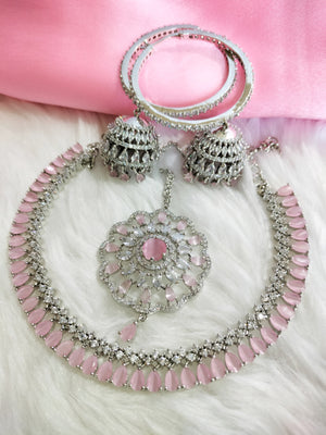 N0463_Elegant  designer American Diamond stones embellished necklace set with delicate stone work with a touch of light pink stones.