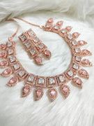 N0478_Classic square design American Diamond stones embellished necklace set with delicate stone work with a touch of pink stones.