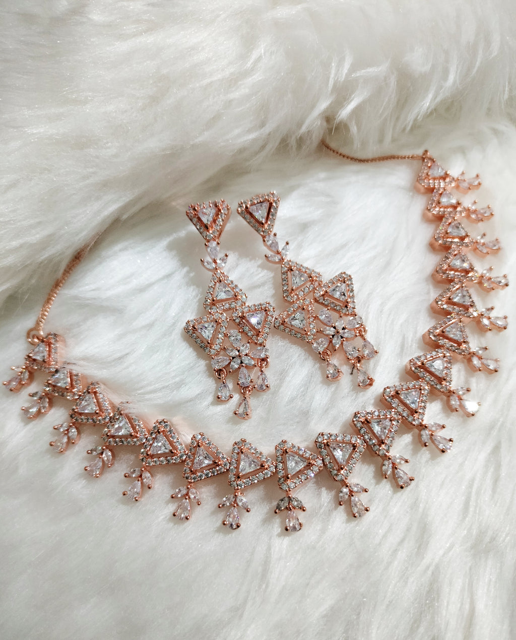 N0551_Lovely triangle design rose gold choker necklace embellished with american diamond stones.