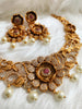 N0466_Gorgeous flower design gold plated American Diamond stones embellished Choker necklace set with delicate stone work with a touch of pink ruby stones with pearl drops.