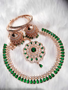 N0507_Elegant designer rose gold american diamond embellished necklace set with a touch of  green colour