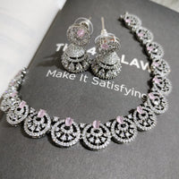 N0439_Elegant American Diamond stones embellished necklace set with delicate stone work studded with a touch of pink stones.