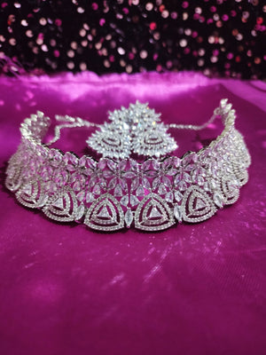 N0555_Elegant dazzling American Diamond stones choker set with delicate stone work.