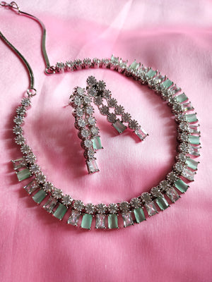 N0566_Lovely American Diamond stones necklace set with a touch of  sea green stones.