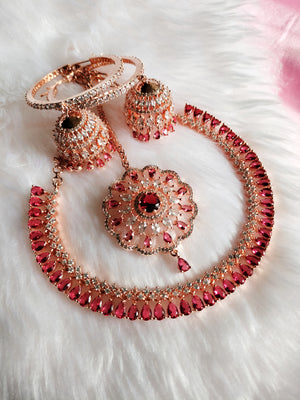 N0567_Beautiful rose gold choker necklace embellished with american diamond stones with a touch of dark pink stones.