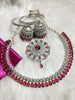 N0573_Gorgeous designer necklace embellished with american diamond stones with a touch of wine red stones.