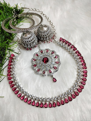 N0573_Gorgeous designer necklace embellished with american diamond stones with a touch of wine red stones.