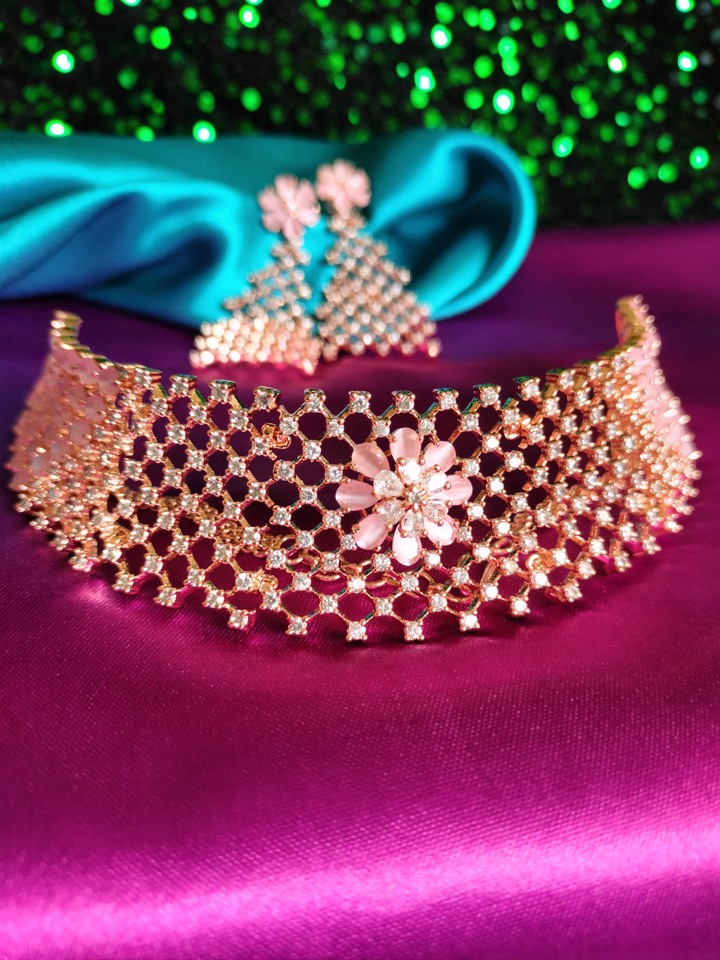 N0578_Classic broad designer rose gold choker necklace embellished with delicate work of American diamond stones.