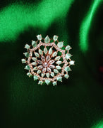 R079_Classic Grand circular design rose gold American Diamond studded statement ring with a touch of sea green  stones.