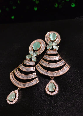 E0879_Lovely rose gold earrings with delicate stone work with a touch of sea green  stones.