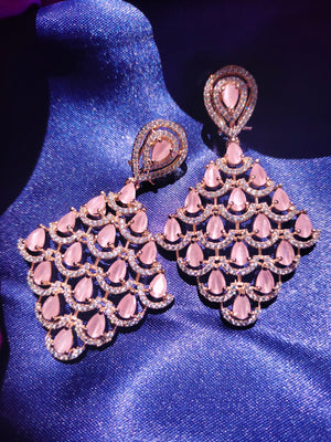 E0877_Elegant designer rose gold earrings with delicate stone work with a touch of pink stones.