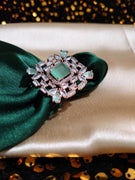 R085_Classy square design rose gold American Diamond studded statement ring with a touch of sea green stone.