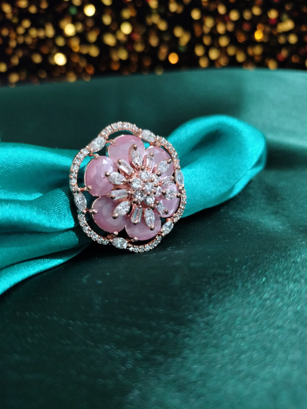 R088_Lovely flowery design rose gold American Diamond studded statement ring with delicate stone work.