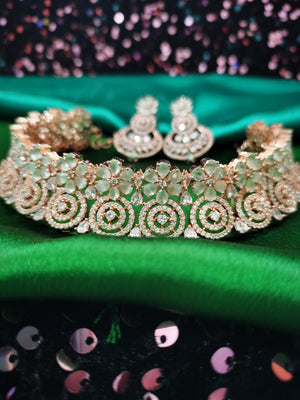 N0590_Lovely flower designer choker necklace embellished with american diamond stones with a touch of Sea green stones.