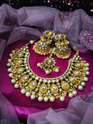 N0591_Royal Bridal style Elaborated choker necklace set studded with Kundan stones with a touch of glossy pearls.