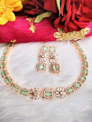 N0572_Lovely designer rose gold choker necklace embellished with american diamond stones with a touch of sea green color stone work.