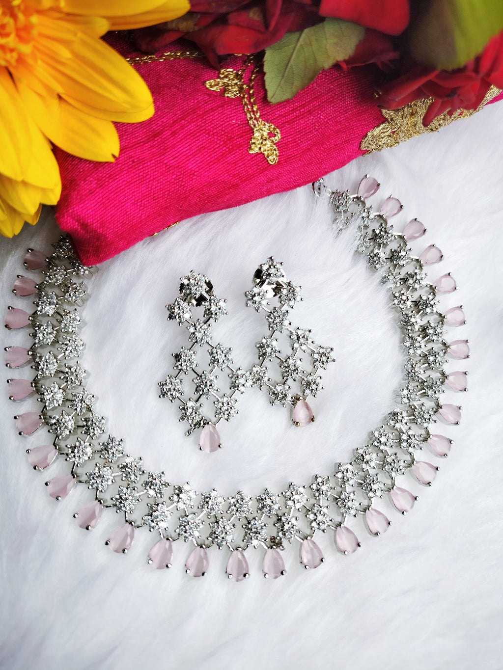 N0586_Beautiful choker necklace embellished with american diamond stones with a touch of pink stones.